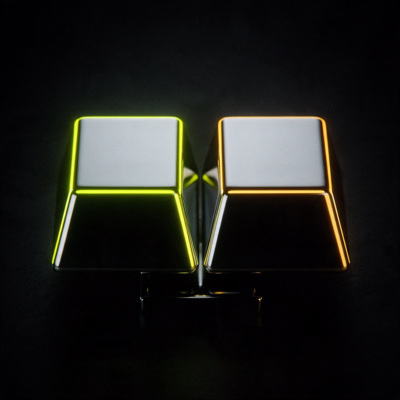 Two matched chrome ingots resting level, one rim-lit lime, one amber